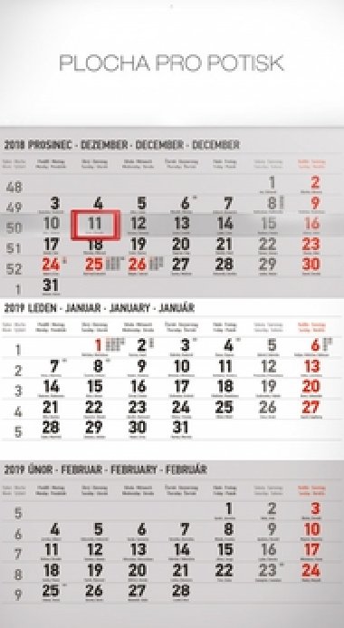 Kalend nstnn 2019 - 3 msn standard ed - s eskmi jmny, 29,5 x 43 cm - Presco