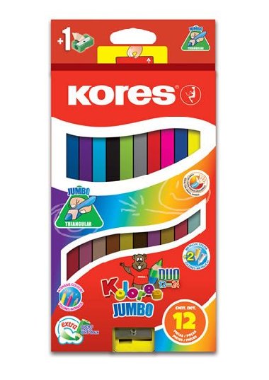 Kores Jumbo DUO trojhrann pastelky 5 mm s oezvtkem 12 barev + 2 metalick barvy - Kores