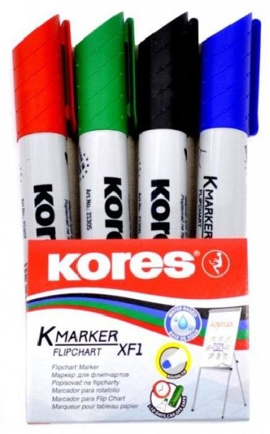 Kores Permanentn popisova K-MARKER na flipcharty, kulat hrot, mix 4 barev (ern, erven, modr, zelen) - neuveden