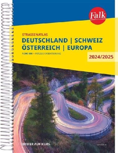 Německo, Rakousko, Švýcarsko 2024-2025 autoatlas Falk (spirála) 1:300 000 - Falk