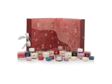 YANKEE CANDLE dárková sada Adventní kalendář kniha, 12 ks votivních svíček ve skle + 12 ks čajových svíčkek + svícen - neuveden