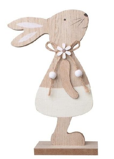 Zajíc dřevěný s béžovou sukní na postavení 11,5 x 20 cm - neuveden