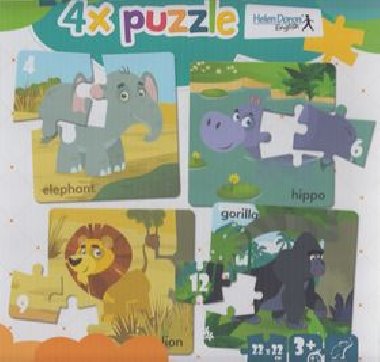 4x puzzle Elephant, hippo, lion, gorilla - Modrý slon