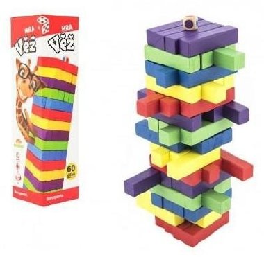 Hra věž dřevěná 60 ks barevných dílků společenská hra v krabičce - neuveden