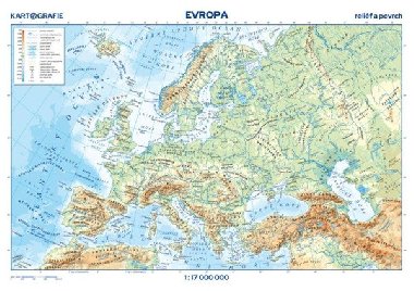 Evropa - reliéf a povrch 1:17 000 000 nástěnná mapa - neuveden