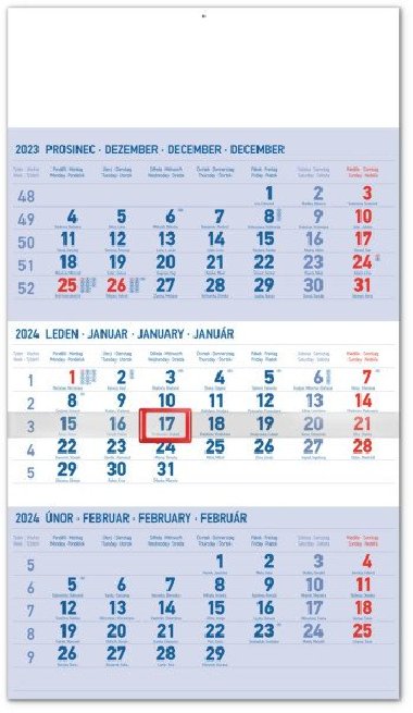 3měsíční kalendář standard modrý 2024 - nástěnný kalendář