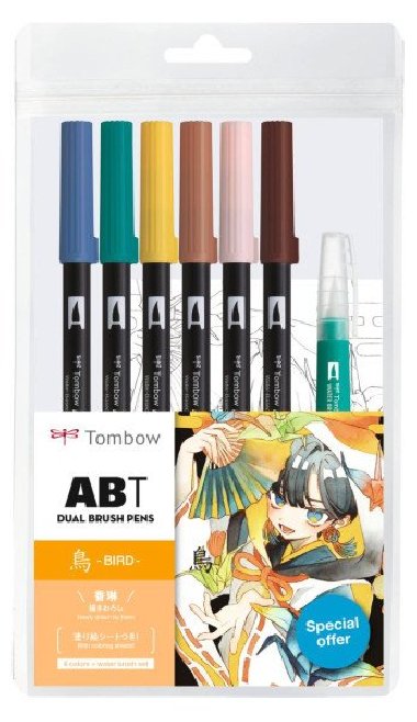 Tombow ABT sada oboustrannch fix Manga Bird 6 ks + vodn ttec - neuveden