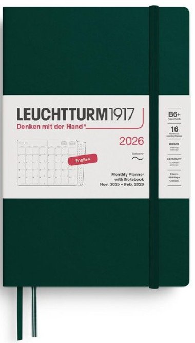 Monthly Planner & Notebook 2026 Paperback (B6+) 16 Months Forest Green - neuveden