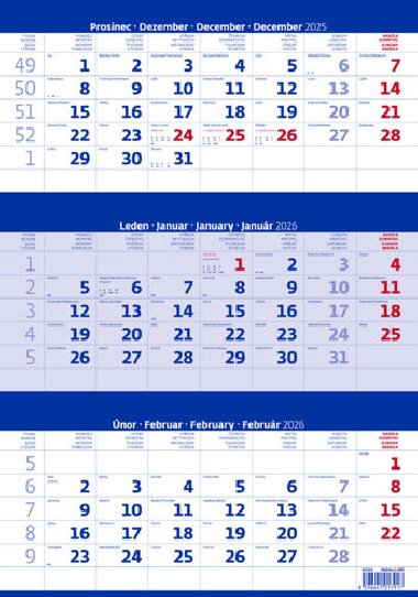 Tříměsíční kalendář modrý 2026 - nástěnný kalendář - 